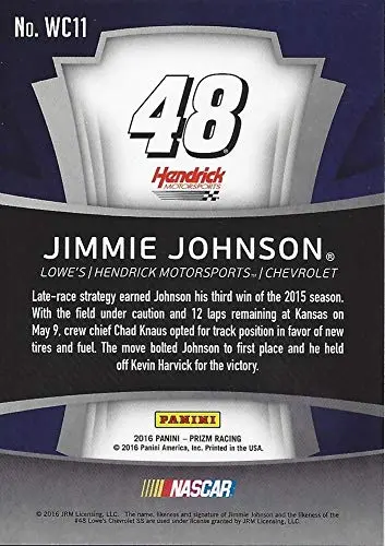 Autographed Jimmie Johnson 2016 Panini Prizm Racing Winners Circle (#48 Lowes Team) Insert Signed Nascar Collectible Trading Card With Coa 2