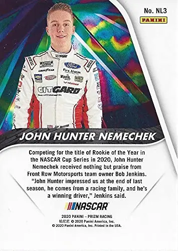 Autographed John Hunter Nemechek 2020 Panini Prizm Racing Next Level (#38 Front Row Motorsports Driver) Nascar Cup Series Rookie Insert Signed Collectible Trading Card With Coa 2