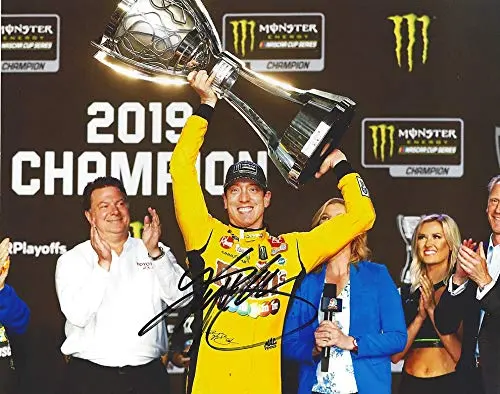 Autographed 2019 Kyle Busch #18 M&Ms Team Monster Cup Series Champion (Victory Lane Championship Trophy) Joe Gibbs Racing Signed Collectible Picture 8X10 Inch Nascar Glossy Photo With Coa 1