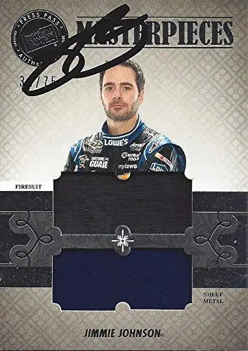 Autographed Jimmie Johnson 2013 Press Pass Showcase Racing Masterpieces (Race-Used Firesuit & Metal) Hendrick Motorsports Dual Relic Insert Signed Nascar Collectible Trading Card With Coa #/75 1