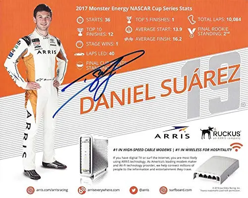 Autographed 2018 Daniel Suarez #21 Arris Motorsports Team 2017 Rookie Highlights (Joe Gibbs Racing) Monster Energy Cup Series Picture 8X10 Inch Signed Nascar Hero Card Photo With Coa 1