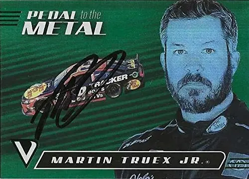 Autographed Martin Truex Jr. 2021 Panini Chronicles Black Racing Pedal To The Metal (#19 Bass Pro Shops) Rare Green Parallel Insert Signed Nascar Collectible Trading Card With Coa 1