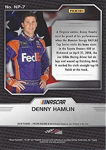 Autographed Denny Hamlin 2018 Panini Prizm National Pride (#11 Fedex Team) Joe Gibbs Racing Monster Cup Series Insert Signed Collectible Nascar Trading Card With Coa 2
