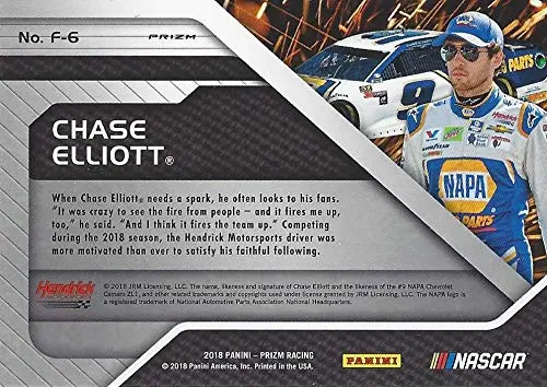 Autographed Chase Elliott 2018 Panini Prizm Racing Fireworks (#9 Napa Auto Parts Team) Hendrick Motorsports Insert Signed Collectible Nascar Trading Card With Coa 2