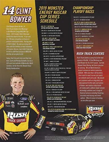 Autographed 2019 Clint Bowyer #14 Rush Truck Centers Ford Mustang (Stewart-Haas Racing) Monster Energy Cup Series Signed Collectible Picture Nascar 9X11 Inch Hero Card Photo With Coa 2
