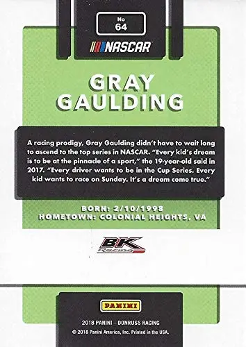 Autographed Gray Gaulding 2018 Panini Donruss Racing (#23 Sweet Frog Toyota Team) Monster Cup Series Insert Signed Nascar Collectible Trading Card With Coa #187/299 2