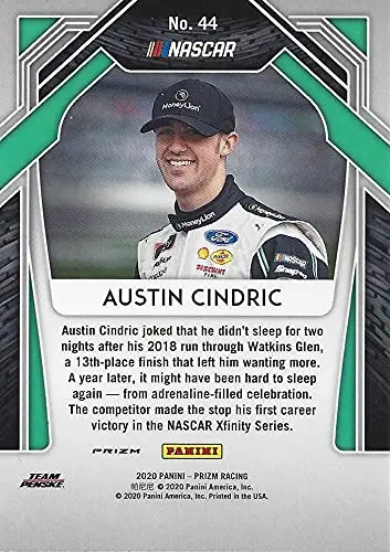 Autographed Austin Cindric 2020 Panini Prizm Racing Rare Blue Prizm (#22 Moneylion Penske Team) Xfinity Series Insert Signed Collectible Nascar Trading Card With Coa 2