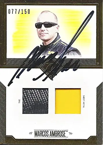 Autographed Marcos Ambrose 2014 Press Pass Total Memorabilia Dual Relic (Sheetmetal & Tire) Final Season Race-Used Gold Parallel Insert Signed Nascar Trading Card With Coa (#077 Of 150) 1