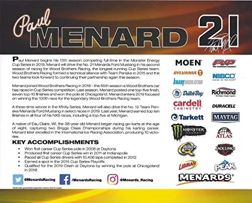 Autographed 2019 Paul Menard #21 Knauf Ford Mustang Team Final Season (Wood Brothers Racing) Monster Energy Cup Series Signed Collectible Picture 8X10 Inch Nascar Official Hero Card Photo With Coa 2
