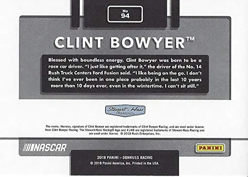 Autographed Clint Bowyer 2018 Panini Donruss Racing (#14 Rush Truck Ford Fusion) Stewart-Haas Team Insert Signed Nascar Collectible Trading Card With Coa #122/499 2