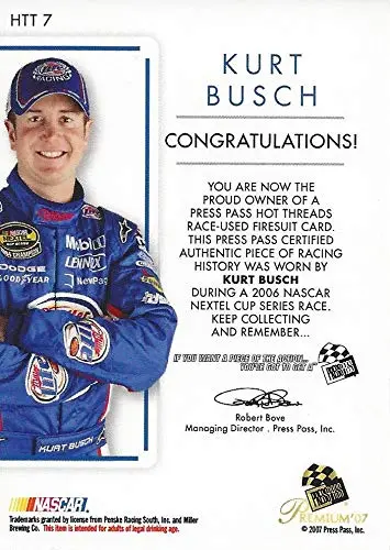 Autographed Kurt Busch 2007 Press Pass Premium Racing Hot Threads (Race-Used Firesuit) #2 Miller Lite Team Penske Relic Insert Signed Nascar Collectible Trading Card With Coa #071/160 2