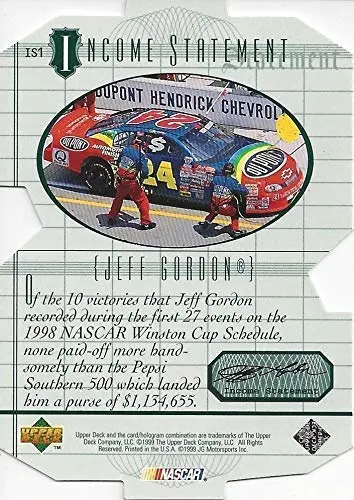 Autographed Jeff Gordon 1999 Upper Deck Racing Income Statement (Awards Ceremony) Hendrick Motorsports Vintage Diecut Insert Signed Collectible Nascar Trading Card With Coa And Toploader 2