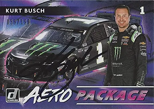 Autographed Kurt Busch 2021 Panini Donruss Aero Package Prizm (#1 Monster Team) Chip Ganassi Racing Monster Cup Series Rare Insert Signed Nascar Collectible Trading Card With Coa #039/199 1