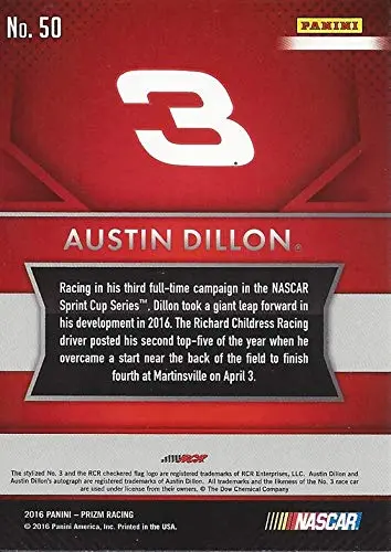 Autographed Austin Dillon 2016 Panini Prizm Racing (#3 Dow Team) Richard Childress Racing Sprint Cup Series Signed Nascar Collectible Trading Card With Coa 2