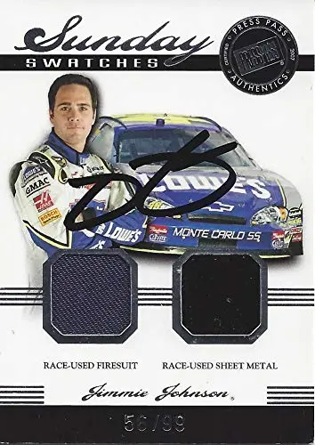 Autographed Jimmie Johnson 2007 Press Pass Legends Sunday Swatches Dual Relic (Race-Used Firesuit & Sheetmetal) #48 Lowes Team Insert Signed Nascar Collectible Trading Card With Coa #56/99 1