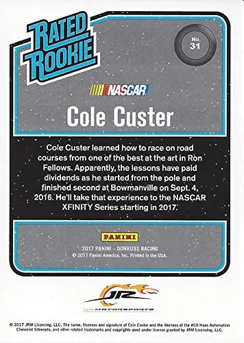Autographed Cole Custer 2017 Panini Donruss Racing Rated Rookie (Jr Motorsports) Xfinity Series Official Signed Collectible Nascar Trading Card With Coa 2
