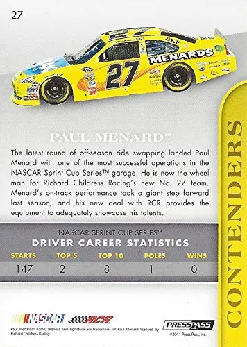 Autographed Paul Menard 2011 Press Pass Premium Racing Contenders (#27 Menard Chevrolet) Rcr Sprint Cup Series Signed Nascar Collectible Trading Card With Coa 2