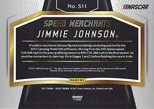 Autographed Jimmie Johnson 2017 Panini Select Racing Speed Merchants (#48 Lowes Team) Hendrick Motorsports Insert Signed Nascar Collectible Trading Card With Coa 2