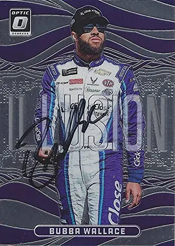 Autographed Bubba Wallace 2019 Panini Donruss Optic Racing Illusion (#43 Click N Close Team) Richard Petty Motorsports Rare Insert Signed Collectible Nascar Trading Card With Coa 1
