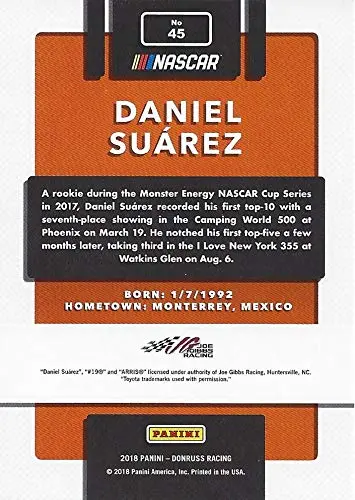 Autographed Daniel Suarez 2018 Panini Donruss Racing (#19 Arris Toyota Team) Monster Cup Series Signed Nascar Collectible Trading Card With Coa 2