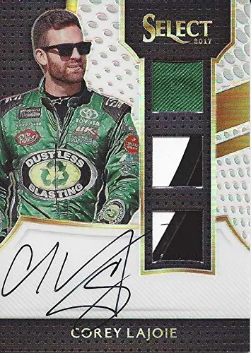 Autographed Corey Lajoie 2017 Panini Select Racing (#83 Dustless Blasting Racing) Triple Relic On-Card Signature (Race-Used Memorabilia) Signed Collectible Nascar Trading Card #19/50 1