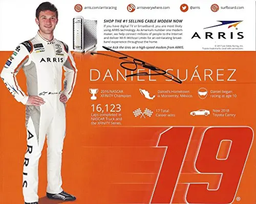 Autographed 2017 Daniel Suarez #19 Arris Team Rookie Season (Joe Gibbs Racing) Monster Energy Cup Series Signed Collectible Picture Nascar 8X10 Inch Hero Card Photo With Coa 1