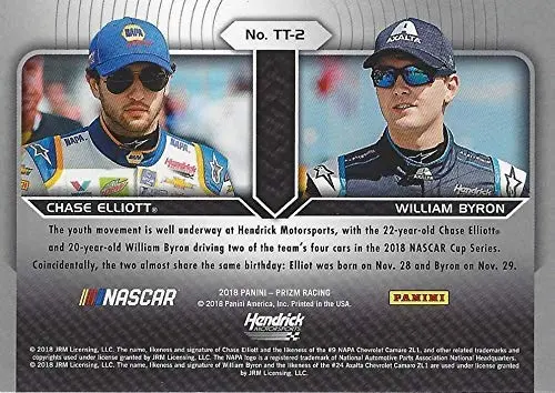 2X Autographed Chase Elliott & William Byron 2018 Panini Prizm Racing Team Tandems (Hendrick Motorsports) Dual Signed Collectible Nascar Trading Card With Coa And Toploader 2