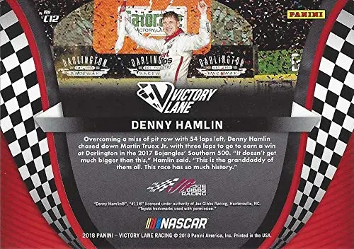Autographed Denny Hamlin 2018 Panini Victory Lane Racing Celebrations (Darlington Race Win) #11 Gibbs Team Insert Signed Collectible Nascar Trading Card With Coa 2