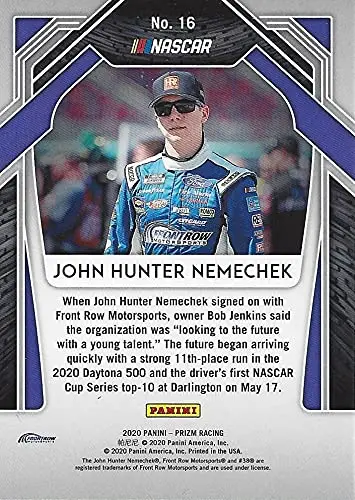 Autographed John Hunter Nemechek 2020 Panini Prizm Racing Rookie Season (#38 Front Row Motorsports Driver) Nascar Cup Series Chrome Signed Collectible Trading Card With Coa 2