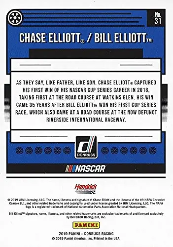 Autographed Chase Elliott 2019 Panini Donruss Racing Watkins Glen First Win (Father & Son) Hendrick Motorsports Signed Collectible Nascar Trading Card With Coa 2