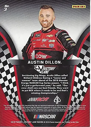 Autographed Austin Dillon 2018 Panini Victory Lane (#3 Dow Team) Richard Childress Racing Monster Cup Series Signed Nascar Collectible Trading Card With Coa 2