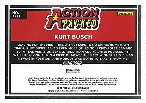 Autographed Kurt Busch 2021 Panini Donruss Action Packed (#1 Monster Team) Chip Ganassi Racing Monster Cup Series Rare Insert Signed Nascar Collectible Trading Card With Coa 2