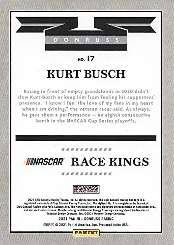 Autographed Kurt Busch 2021 Panini Donruss Race Kings (#1 Monster Team) Chip Ganassi Racing Monster Cup Series Gray Parallel Signed Nascar Collectible Trading Card With Coa 2