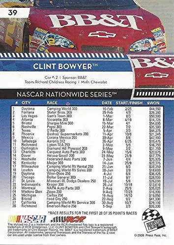 Autographed Clint Bowyer 2009 Press Pass Racing (#2 Bb&T Car) Rcr Nationwide Series Signed Nascar Collectible Trading Card With Coa 2