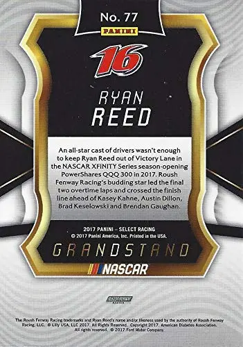Autographed Ryan Reed 2017 Panini Select Racing Grandstand (#16 Lilly Roush Team) Xfinity Series Prizm Signed Nascar Collectible Trading Card With Coa 2