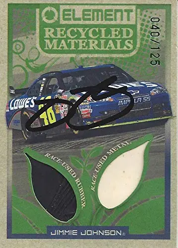 Autographed Jimmie Johnson 2010 Wheels Element Racing Recycled Materials (Race-Used Tire & Metal) #48 Lowes Team Hendrick Dual Relic Signed Nascar Collectible Trading Card With Coa #040/125 1