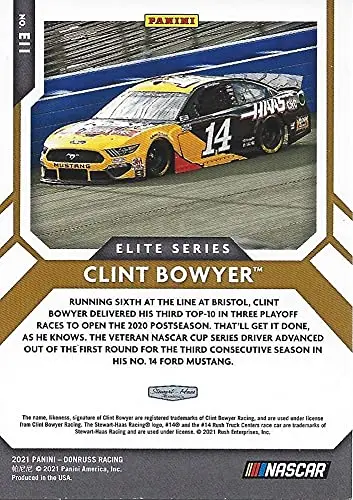 Autographed Clint Bowyer 2021 Panini Donruss Racing Elite Series (#14 Rush Truck Center Team) Stewart-Haas Racing Insert Signed Nascar Collectible Trading Card With Coa 2