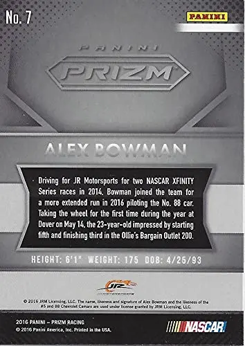 Autographed Alex Bowman 2016 Panini Prizm (#88 Advance Auto Parts) Jr Motorsports Xfinity Series Signed Collectible Nascar Trading Card With Coa 2