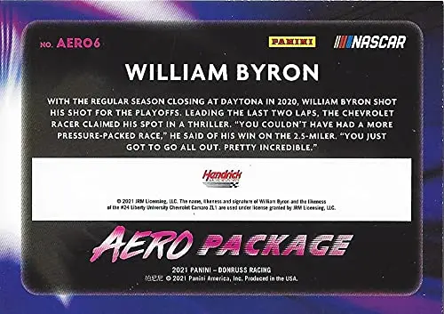 Autographed William Byron 2021 Panini Donruss Racing Aero Package (#24 Liberty University) Hendrick Motorsports Insert Signed Collectible Trading Card With Coa 2
