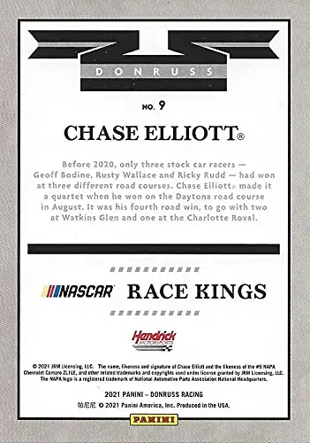 Autographed Chase Elliott 2021 Panini Donruss Racing Race Kings Gray Parallel (#9 Napa Driver) Hendrick Motorsports Insert Signed Collectible Nascar Trading Card With Coa 2
