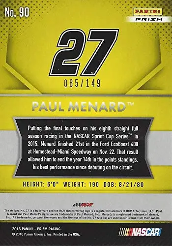 Autographed Paul Menard 2016 Panini Prizm Racing Driver Introductions (#27 Menards Rcr Team) Green Parallel Insert Signed Nascar Collectible Trading Card With Coa #085/149 2