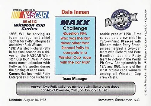 Autographed Dale Inman 1993 Maxx Racing (Stp Richard Petty Crew Chief) Vintage Chrome Signed Nascar Collectible Trading Card With Coa 2