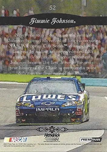 Autographed Jimmie Johnson 2011 Press Pass Eclipse Racing Honor Society (#48 Team Lowes Driver) Hendrick Motorsports Signed Nascar Collectible Trading Card With Coa 2