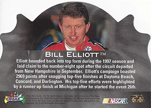 Autographed Bill Elliott 1997 Upper Deck Maxx Racing Chase The Champion (#94 Mcdonalds Ford Thunderbird) Vintage Insert Diecut Signed Nascar Collectible Trading Card With Coa 2