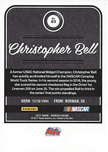 Autographed Christopher Bell 2017 Panini Donruss Racing (Kyle Busch Motorsports Jbl Toyota) Camping World Truck Series Signed Collectible Nascar Trading Card With Coa 2