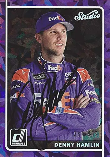 Autographed Denny Hamlin 2018 Panini Donruss Racing Studio Purple Parallel (#11 Fedex Team) Insert Signed Collectible Nascar Trading Card With Coa #381/999 1