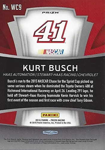 Autographed Kurt Busch 2016 Panini Prizm Racing Winners Circle (Richmond Win) Insert Signed Nascar Collectible Trading Card With Coa 2