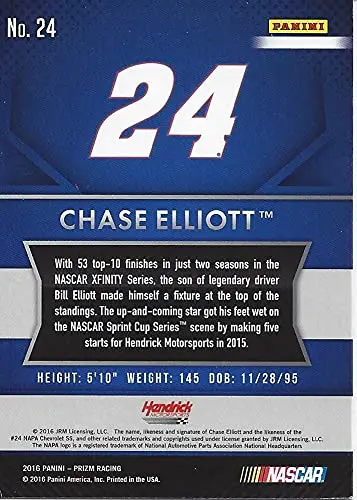 Autographed Chase Elliott 2016 Panini Prizm Racing Official Rookie Card (#24 Napa Driver) Hendrick Motorsports Rare Signed Collectible Nascar Trading Card With Coa 2