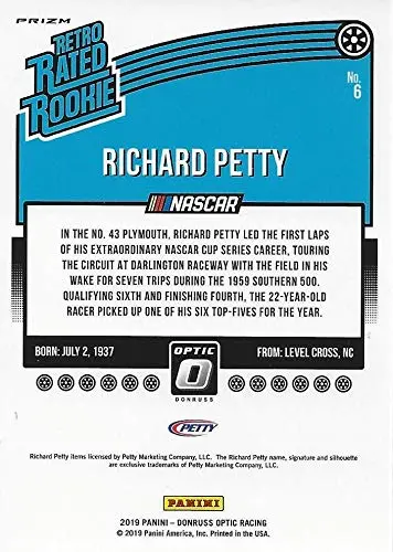 Autographed Richard Petty 2019 Panini Donruss Optic Racing Retro Rated Rookie (#43 Stp Team) 7X Champion Winston Cup Series Chrome Prizm Insert Signed Collectible Nascar Trading Card With Coa 2