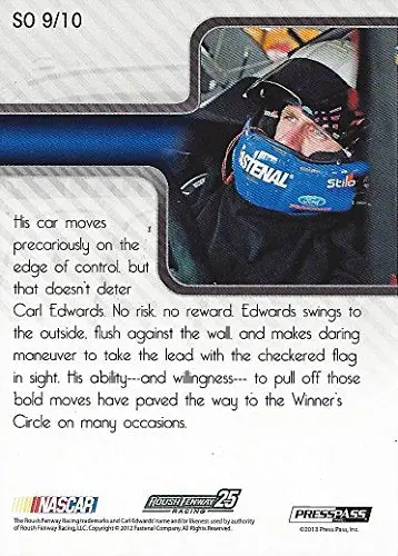 Autographed Carl Edwards 2013 Press Pass Racing Total Memorabilia Smooth Operator Insert Signed Collectible Nascar Trading Card With Coa 2